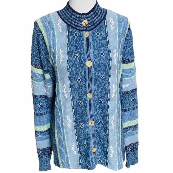 Norm Thompson Embroidered Cardigan Sweater Small Blue Button Up Winter Layering - Picture 5 of 16